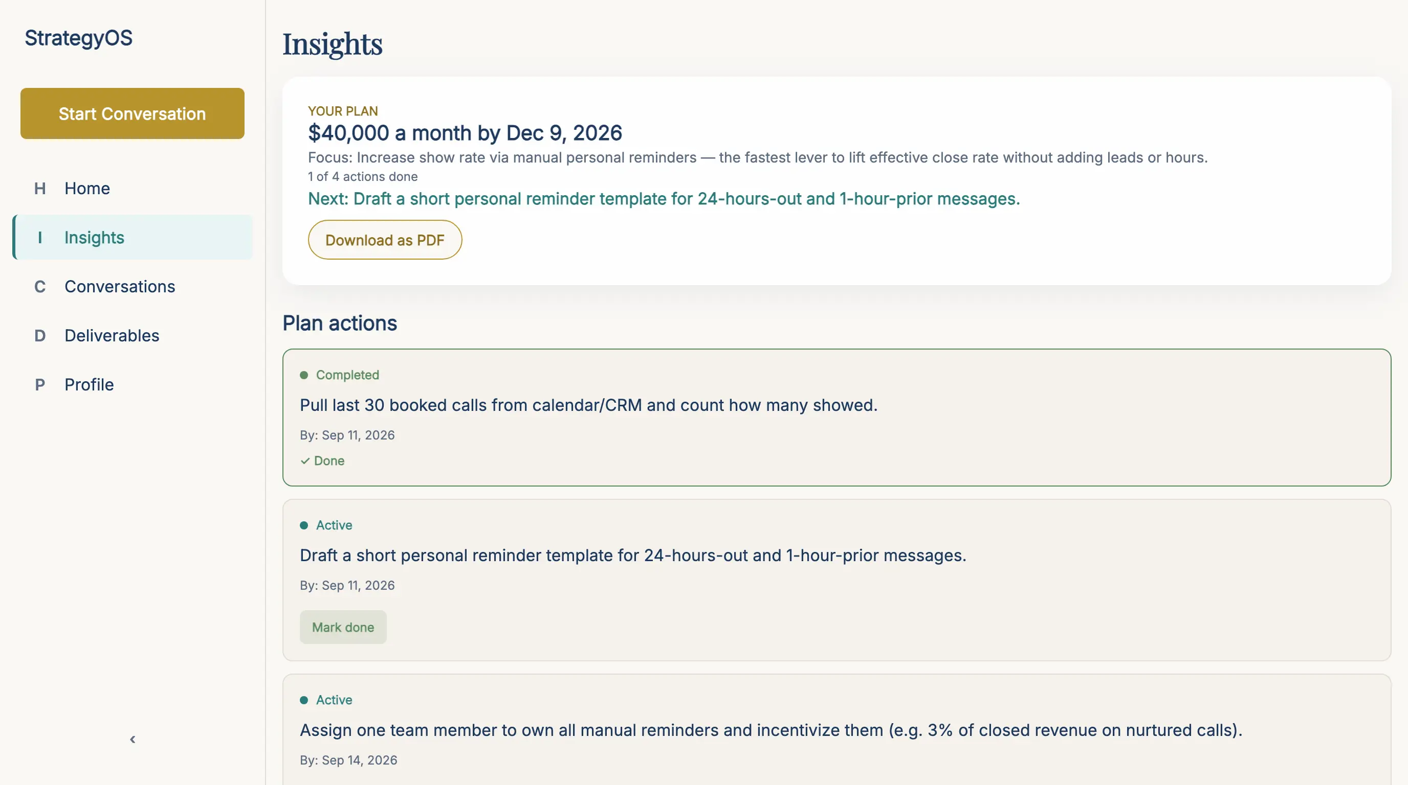 The Insights tab: the plan summary, its actions with Mark done, and the decisions on the record