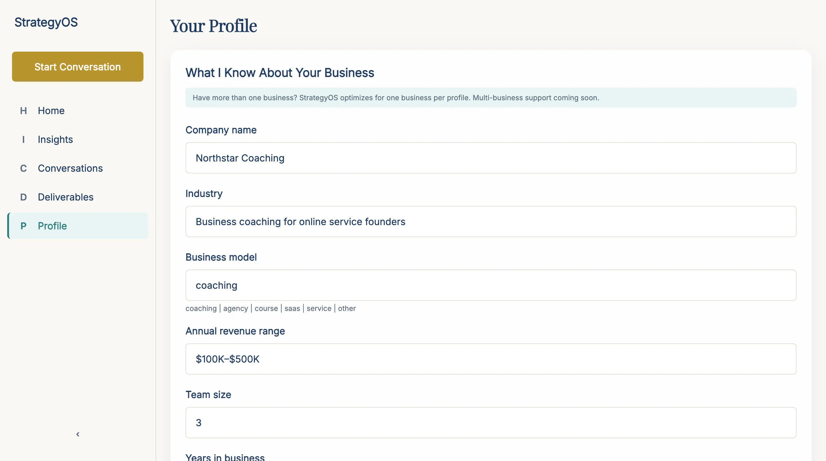 The profile screen with the business model, revenue range, team size and the 90-day goal on record